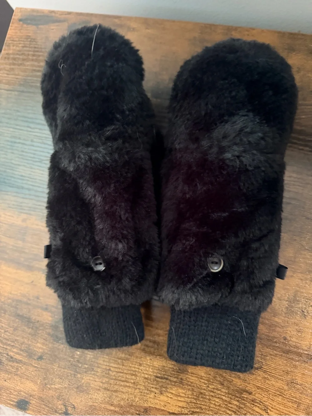 Black Faux Fur Mittens Women’s Plush Winter Gloves Knit Cuff